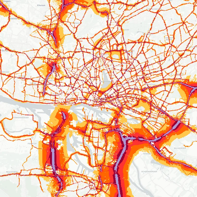 Noise map of Hamburg, Germany: road-traffic noise contours from the EU strategic noise maps, shaded yellow (≈55 dB Lden) through orange and red to dark purple (≈75 dB+), over the city's street network.