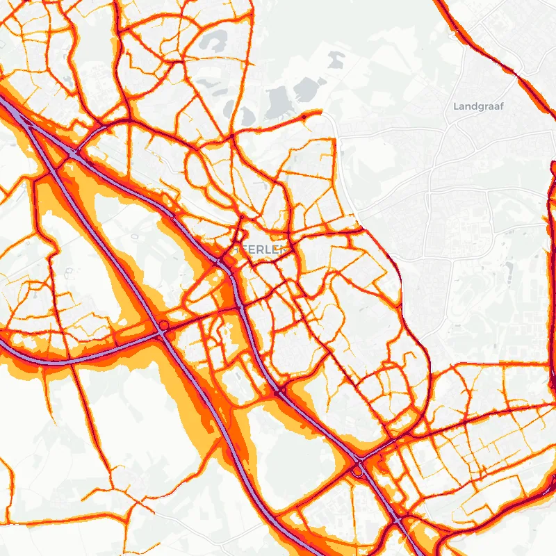 Noise map of Heerlen, Netherlands: road-traffic noise contours from the EU strategic noise maps, shaded yellow (≈55 dB Lden) through orange and red to dark purple (≈75 dB+), over the city's street network.