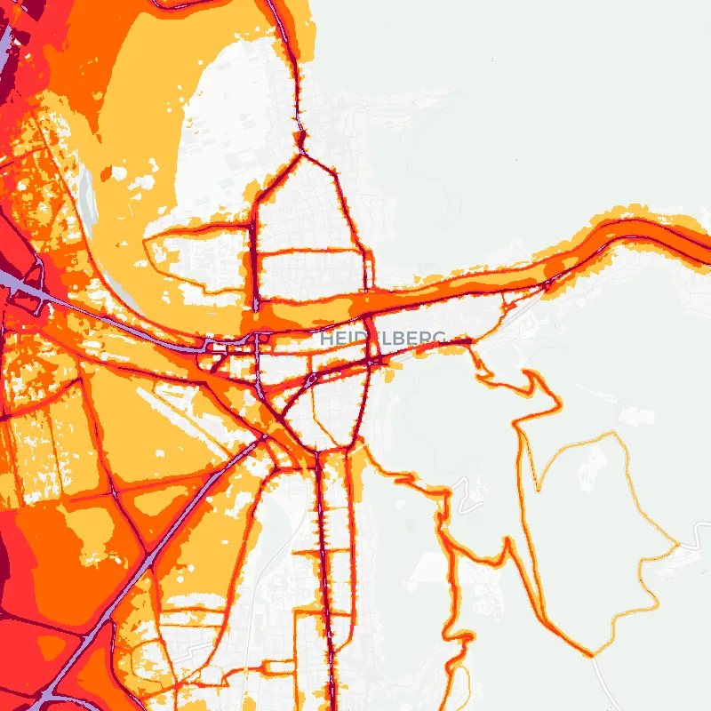 Noise map of Heidelberg, Germany: road-traffic noise contours from the EU strategic noise maps, shaded yellow (≈55 dB Lden) through orange and red to dark purple (≈75 dB+), over the city's street network.