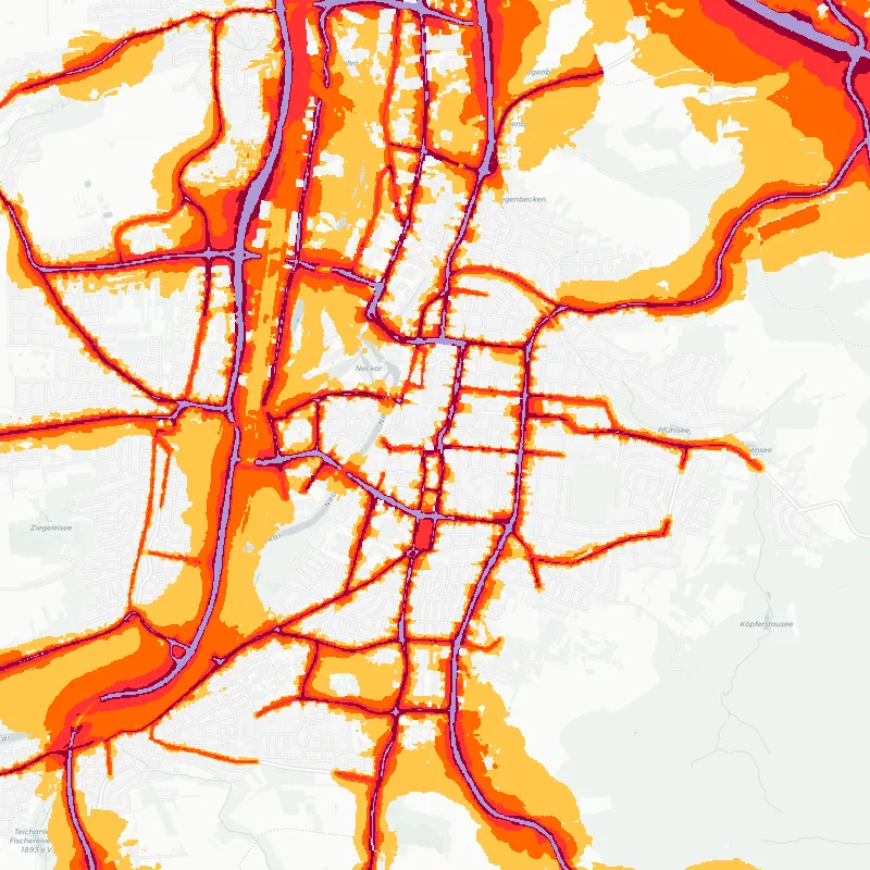 Noise map of Heilbronn, Germany: road-traffic noise contours from the EU strategic noise maps, shaded yellow (≈55 dB Lden) through orange and red to dark purple (≈75 dB+), over the city's street network.