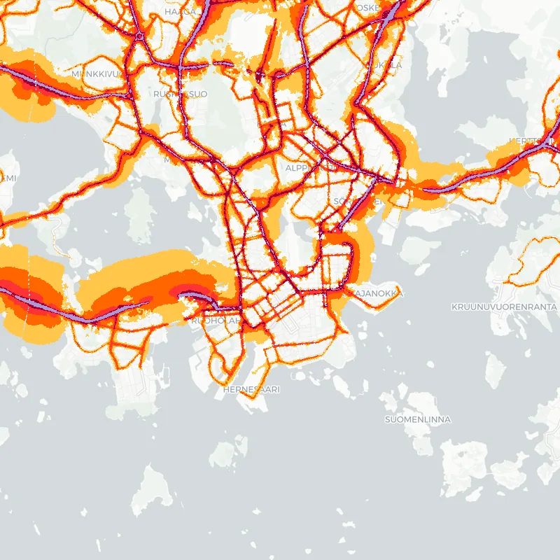 Noise map of Helsinki, Finland: road-traffic noise contours from the EU strategic noise maps, shaded yellow (≈55 dB Lden) through orange and red to dark purple (≈75 dB+), over the city's street network.