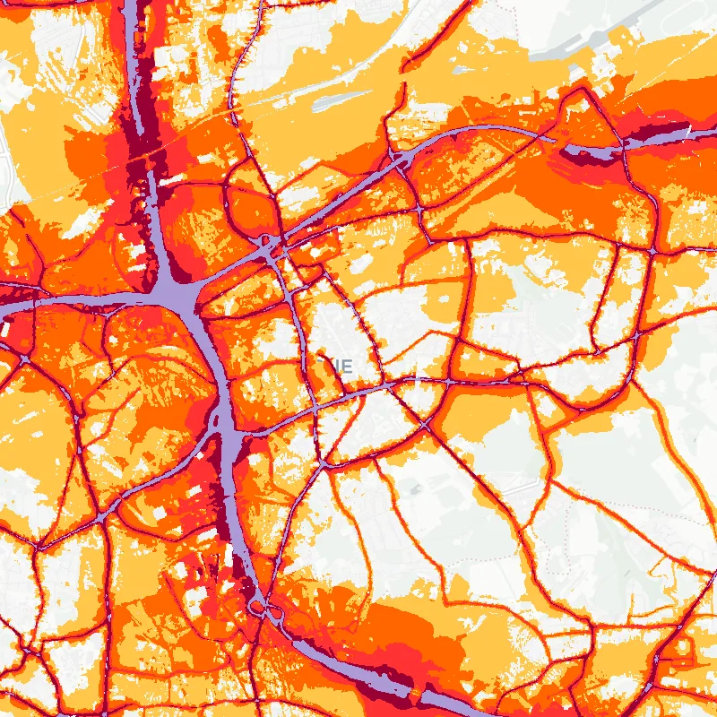 Noise map of Herne, Germany: road-traffic noise contours from the EU strategic noise maps, shaded yellow (≈55 dB Lden) through orange and red to dark purple (≈75 dB+), over the city's street network.