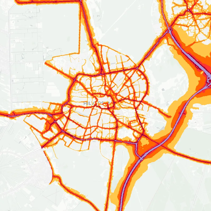 Noise map of Hilversum, Netherlands: road-traffic noise contours from the EU strategic noise maps, shaded yellow (≈55 dB Lden) through orange and red to dark purple (≈75 dB+), over the city's street network.