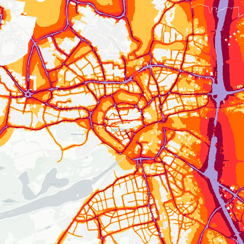 Noise map of Ingolstadt, Germany: road-traffic noise contours from the EU strategic noise maps, shaded yellow (≈55 dB Lden) through orange and red to dark purple (≈75 dB+), over the city's street network.