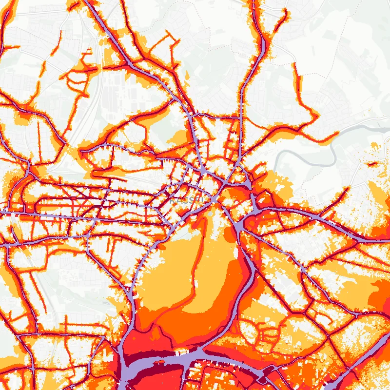Noise map of Kassel, Germany: road-traffic noise contours from the EU strategic noise maps, shaded yellow (≈55 dB Lden) through orange and red to dark purple (≈75 dB+), over the city's street network.