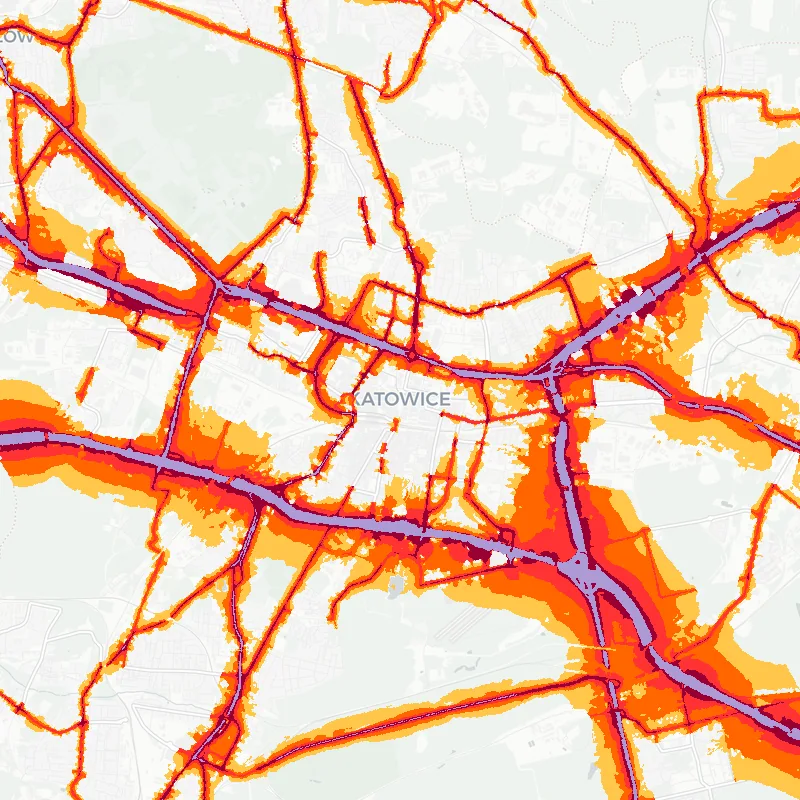 Noise map of Katowice, Poland: road-traffic noise contours from the EU strategic noise maps, shaded yellow (≈55 dB Lden) through orange and red to dark purple (≈75 dB+), over the city's street network.