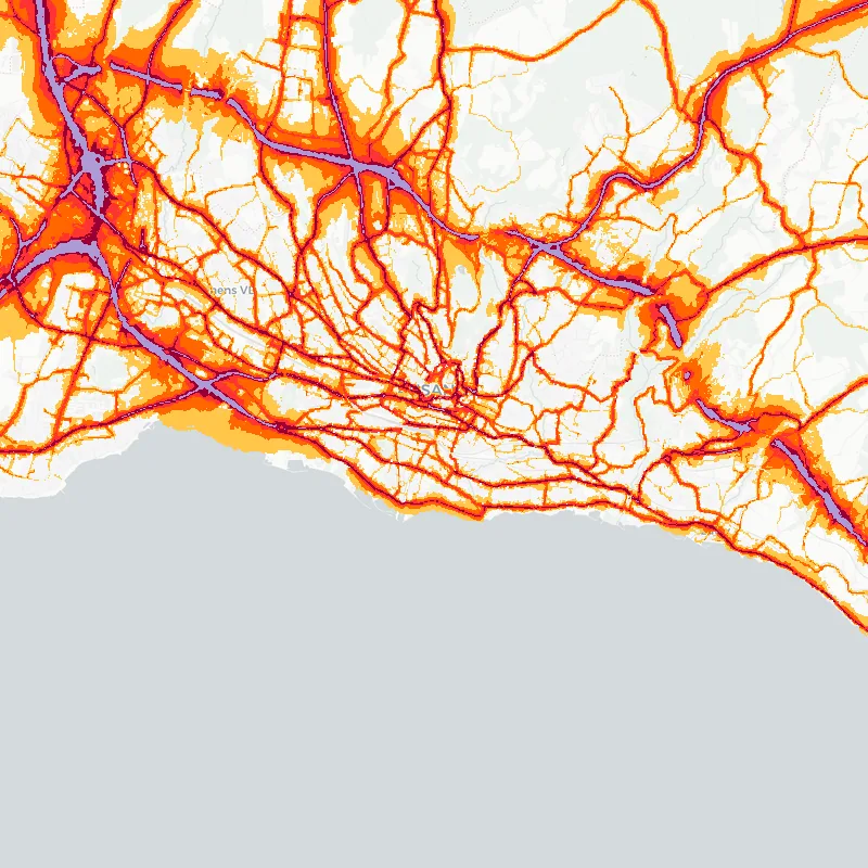 Noise map of Lausanne, Switzerland: road-traffic noise contours from the EU strategic noise maps, shaded yellow (≈55 dB Lden) through orange and red to dark purple (≈75 dB+), over the city's street network.