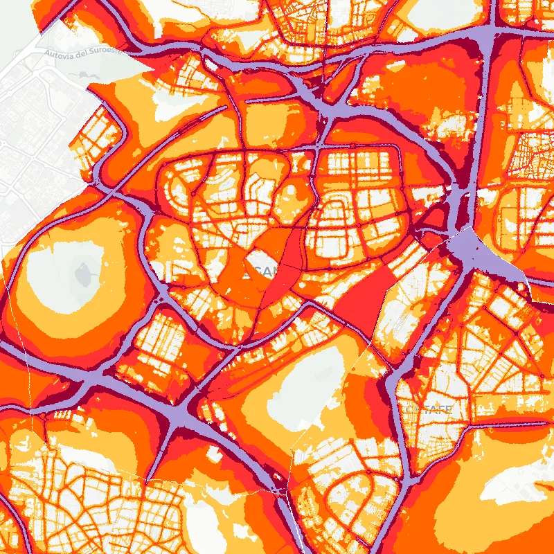 Noise map of Leganes, Spain: road-traffic noise contours from the EU strategic noise maps, shaded yellow (≈55 dB Lden) through orange and red to dark purple (≈75 dB+), over the city's street network.
