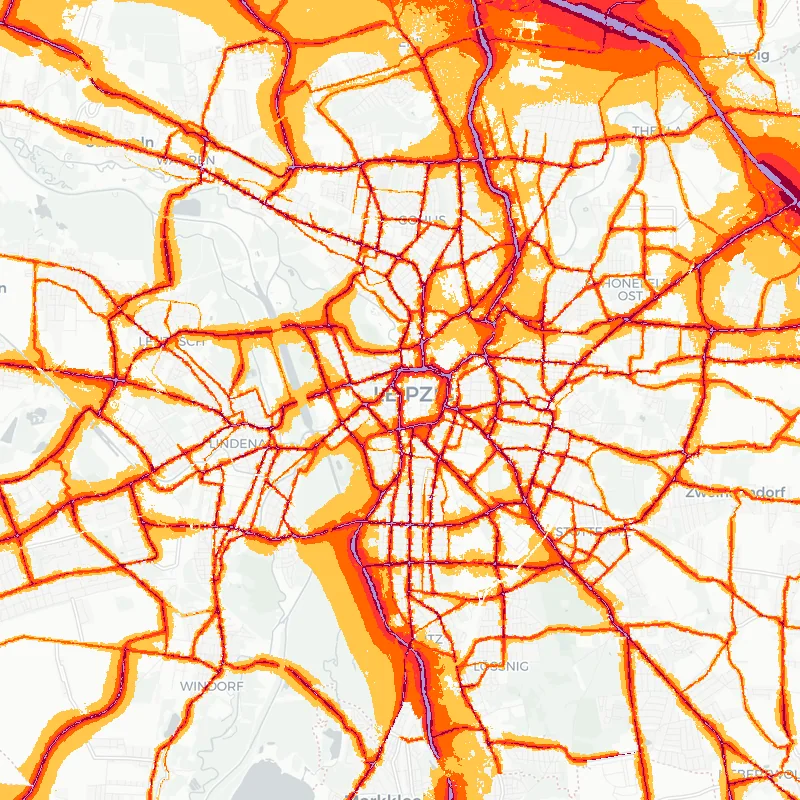 Noise map of Leipzig, Germany: road-traffic noise contours from the EU strategic noise maps, shaded yellow (≈55 dB Lden) through orange and red to dark purple (≈75 dB+), over the city's street network.