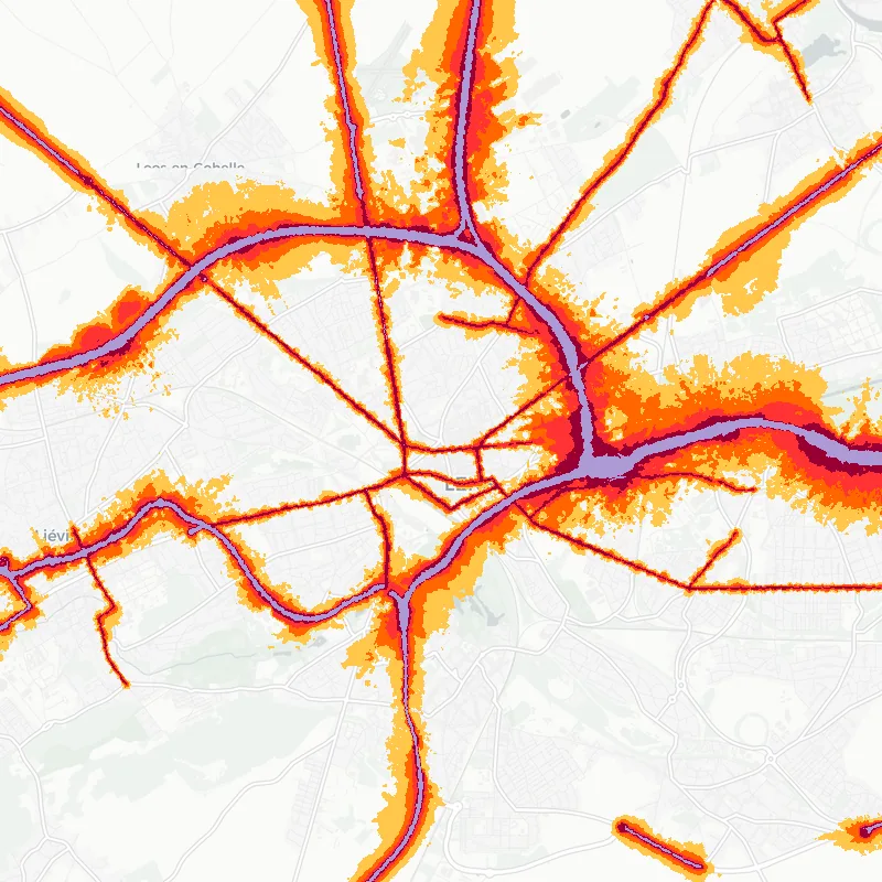 Noise map of Lens, France: road-traffic noise contours from the EU strategic noise maps, shaded yellow (≈55 dB Lden) through orange and red to dark purple (≈75 dB+), over the city's street network.