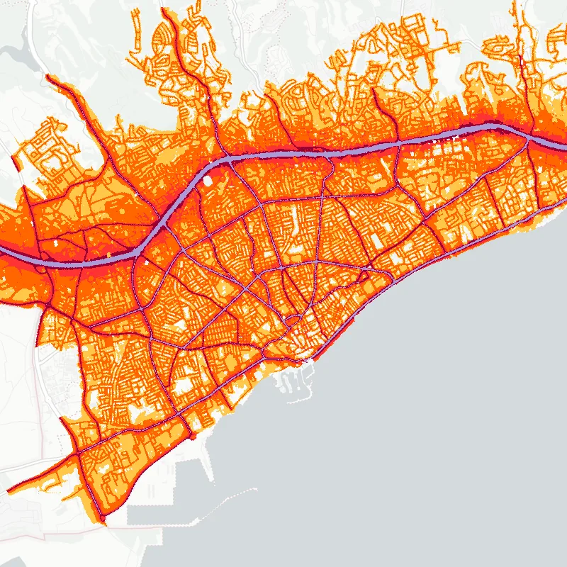 Noise map of Limassol, Cyprus: road-traffic noise contours from the EU strategic noise maps, shaded yellow (≈55 dB Lden) through orange and red to dark purple (≈75 dB+), over the city's street network.
