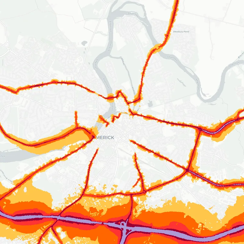 Noise map of Limerick, Ireland: road-traffic noise contours from the EU strategic noise maps, shaded yellow (≈55 dB Lden) through orange and red to dark purple (≈75 dB+), over the city's street network.