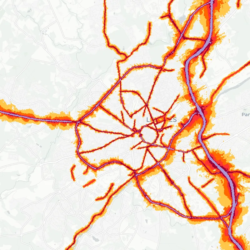 Noise map of Limoges, France: road-traffic noise contours from the EU strategic noise maps, shaded yellow (≈55 dB Lden) through orange and red to dark purple (≈75 dB+), over the city's street network.