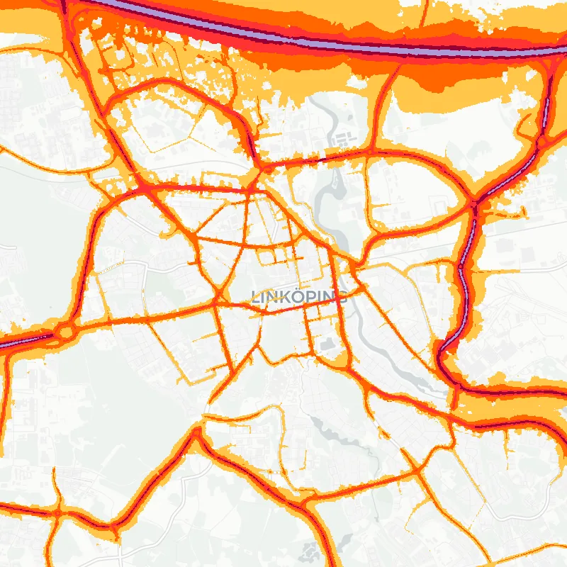 Noise map of Linkoping, Sweden: road-traffic noise contours from the EU strategic noise maps, shaded yellow (≈55 dB Lden) through orange and red to dark purple (≈75 dB+), over the city's street network.