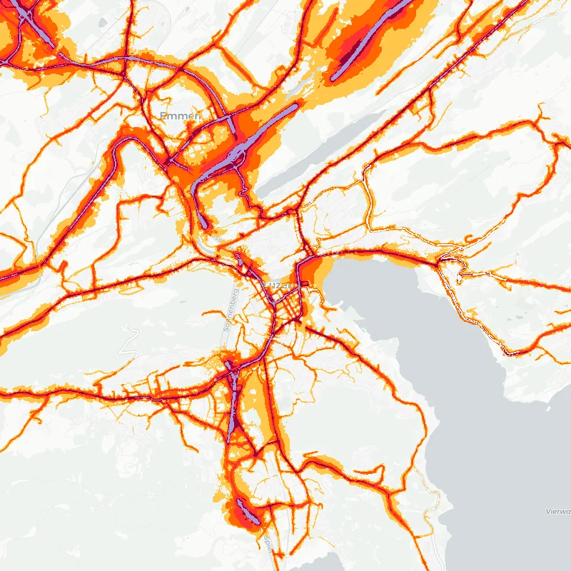 Noise map of Lucerne, Switzerland: road-traffic noise contours from the EU strategic noise maps, shaded yellow (≈55 dB Lden) through orange and red to dark purple (≈75 dB+), over the city's street network.