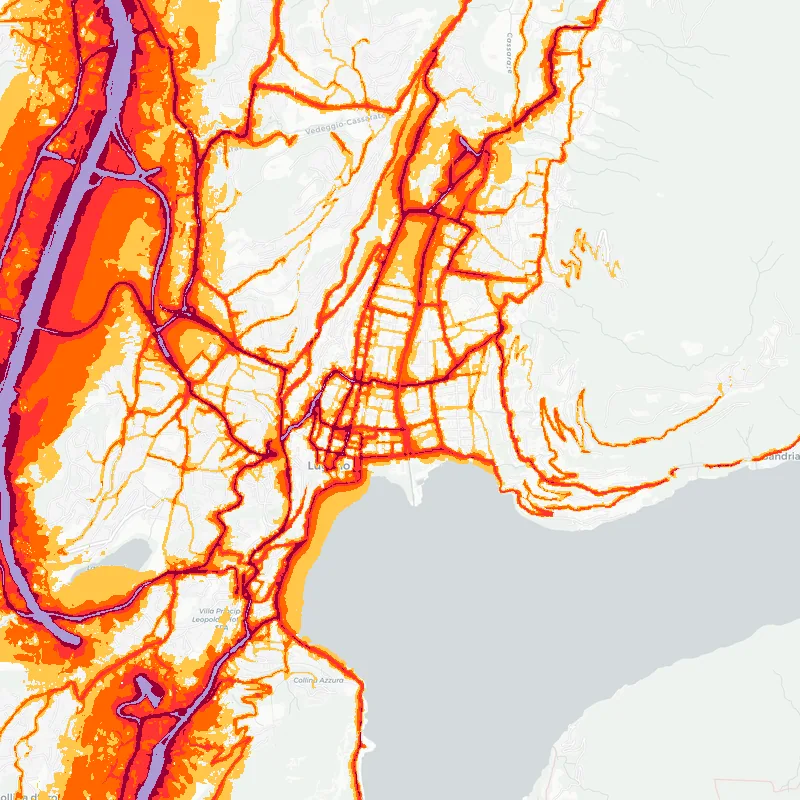 Noise map of Lugano, Switzerland: road-traffic noise contours from the EU strategic noise maps, shaded yellow (≈55 dB Lden) through orange and red to dark purple (≈75 dB+), over the city's street network.