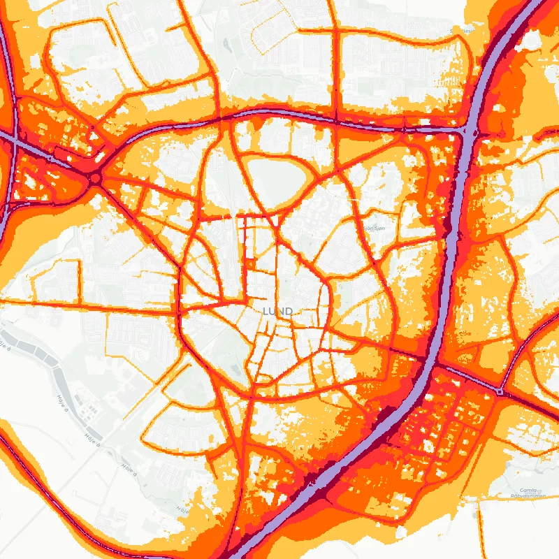 Noise map of Lund, Sweden: road-traffic noise contours from the EU strategic noise maps, shaded yellow (≈55 dB Lden) through orange and red to dark purple (≈75 dB+), over the city's street network.