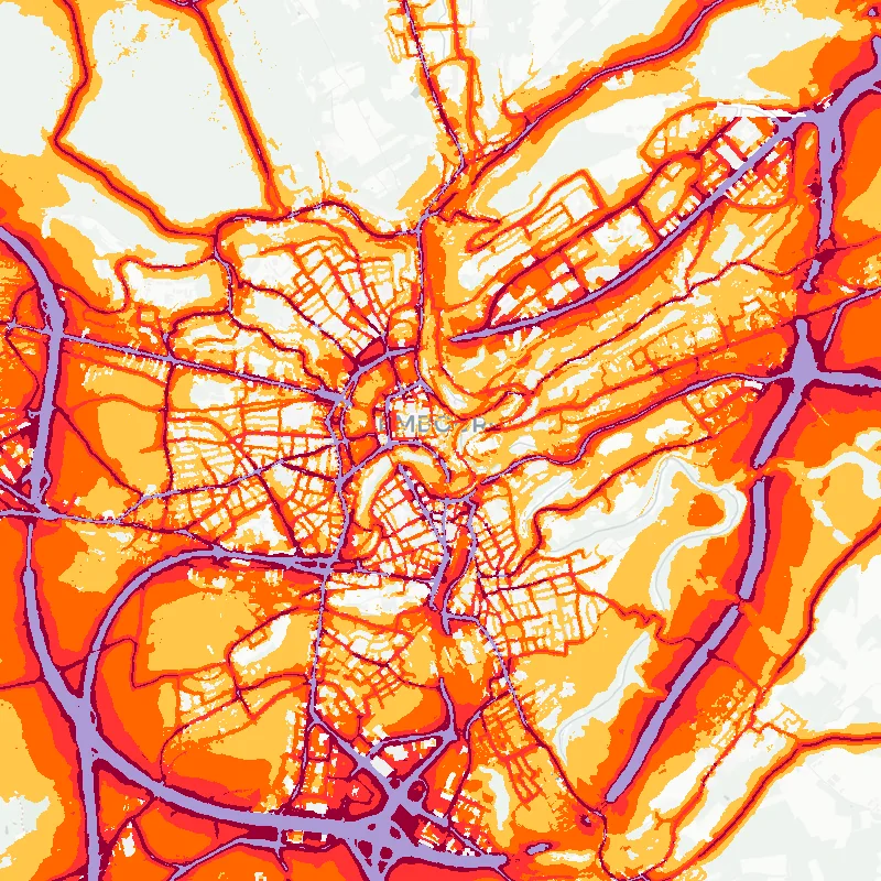 Noise map of Luxembourg, Luxembourg: road-traffic noise contours from the EU strategic noise maps, shaded yellow (≈55 dB Lden) through orange and red to dark purple (≈75 dB+), over the city's street network.