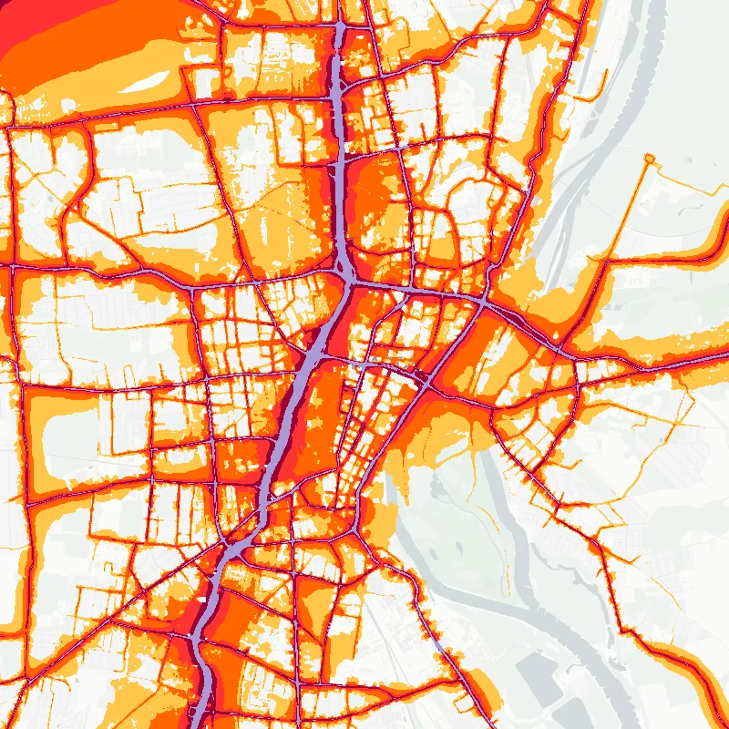 Noise map of Magdeburg, Germany: road-traffic noise contours from the EU strategic noise maps, shaded yellow (≈55 dB Lden) through orange and red to dark purple (≈75 dB+), over the city's street network.