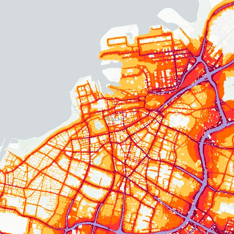 Noise map of Malmo, Sweden: road-traffic noise contours from the EU strategic noise maps, shaded yellow (≈55 dB Lden) through orange and red to dark purple (≈75 dB+), over the city's street network.