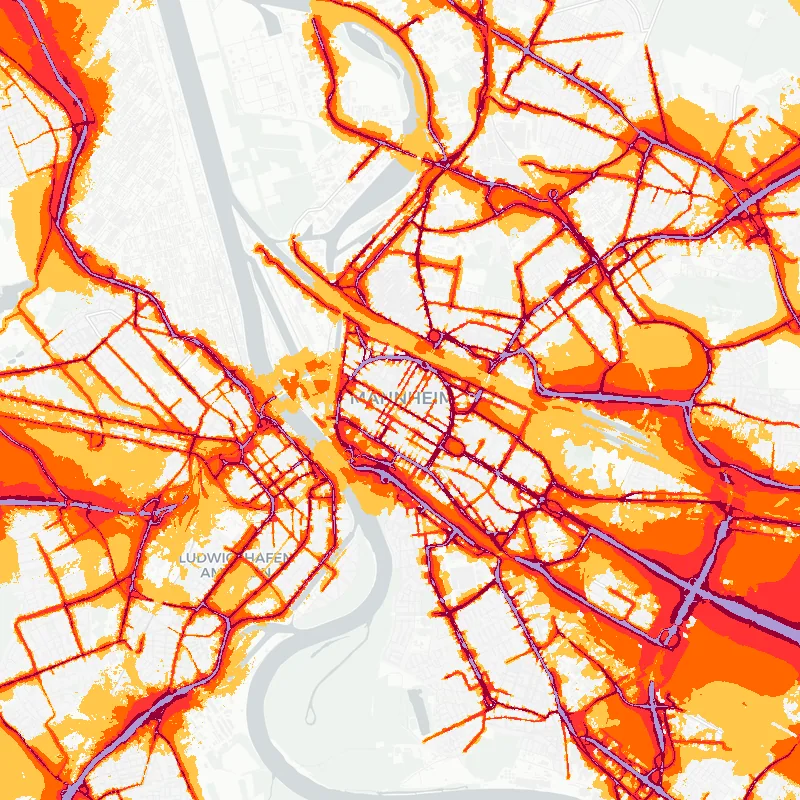 Noise map of Mannheim, Germany: road-traffic noise contours from the EU strategic noise maps, shaded yellow (≈55 dB Lden) through orange and red to dark purple (≈75 dB+), over the city's street network.