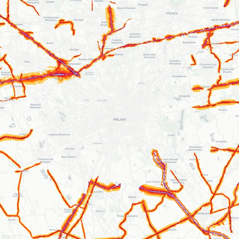 Noise map of Milan-Monza, Italy: road-traffic noise contours from the EU strategic noise maps, shaded yellow (≈55 dB Lden) through orange and red to dark purple (≈75 dB+), over the city's street network.