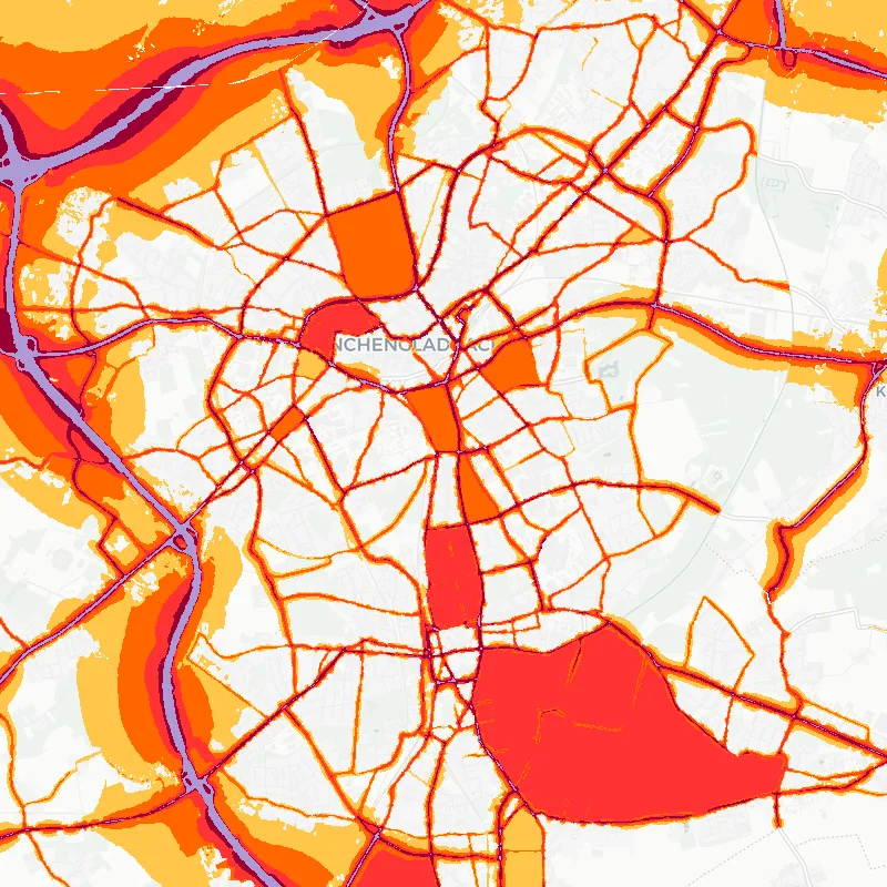 Noise map of Moenchengladbach, Germany: road-traffic noise contours from the EU strategic noise maps, shaded yellow (≈55 dB Lden) through orange and red to dark purple (≈75 dB+), over the city's street network.