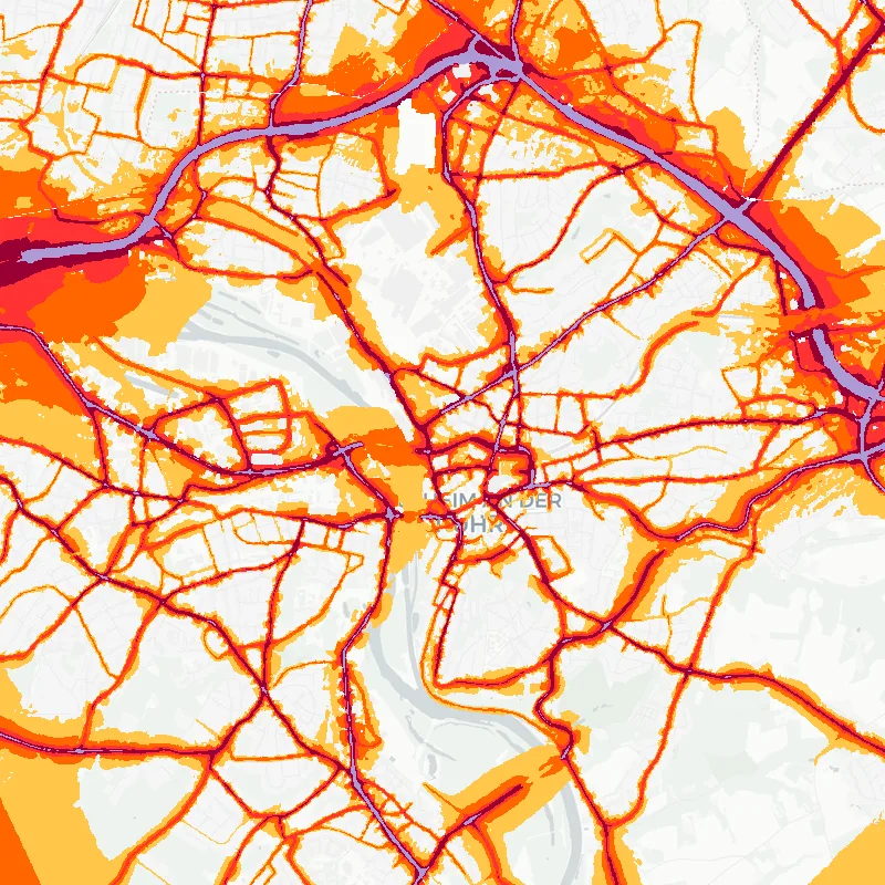 Noise map of Muelheim on the Ruhr, Germany: road-traffic noise contours from the EU strategic noise maps, shaded yellow (≈55 dB Lden) through orange and red to dark purple (≈75 dB+), over the city's street network.