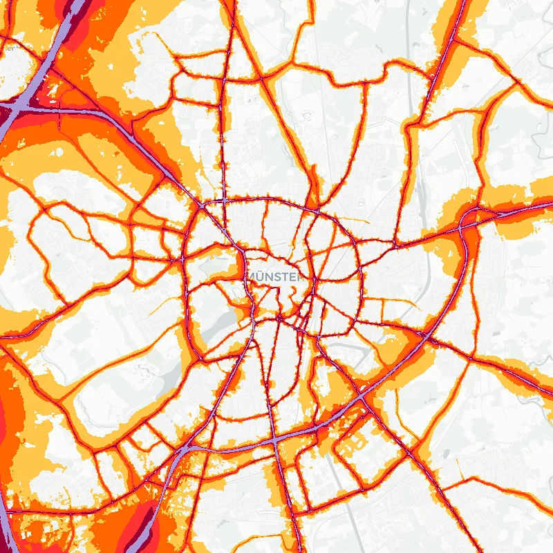Noise map of Muenster, Germany: road-traffic noise contours from the EU strategic noise maps, shaded yellow (≈55 dB Lden) through orange and red to dark purple (≈75 dB+), over the city's street network.