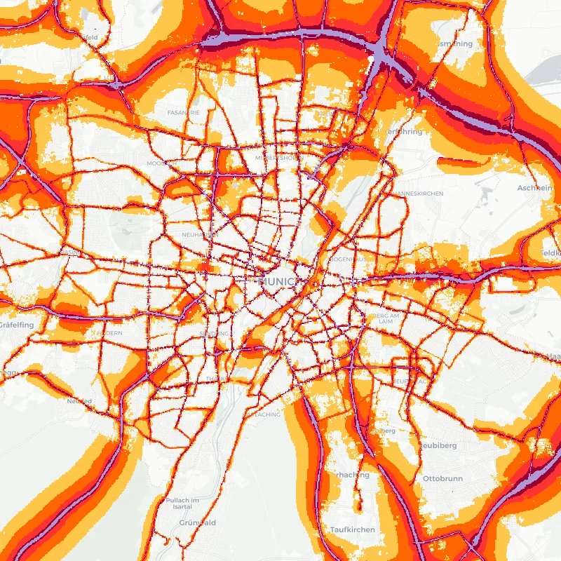 Noise map of Munich, Germany — road traffic contours from the EU strategic noise maps over the street network.