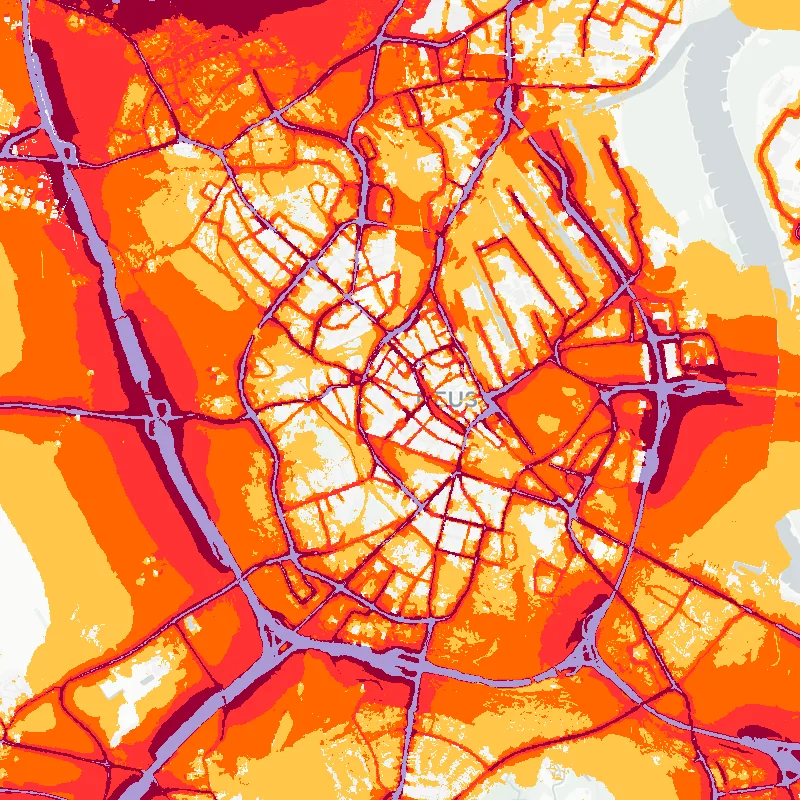 Noise map of Neuss, Germany: road-traffic noise contours from the EU strategic noise maps, shaded yellow (≈55 dB Lden) through orange and red to dark purple (≈75 dB+), over the city's street network.