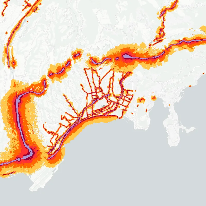 Noise map of Nice, France: road-traffic noise contours from the EU strategic noise maps, shaded yellow (≈55 dB Lden) through orange and red to dark purple (≈75 dB+), over the city's street network.