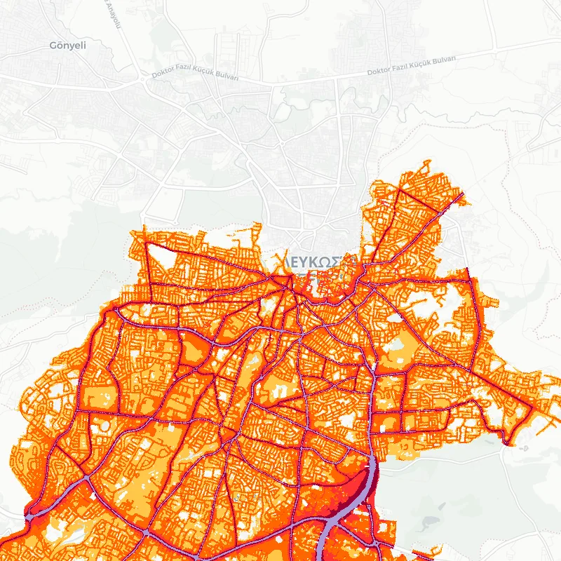 Noise map of Nicosia, Cyprus: road-traffic noise contours from the EU strategic noise maps, shaded yellow (≈55 dB Lden) through orange and red to dark purple (≈75 dB+), over the city's street network.