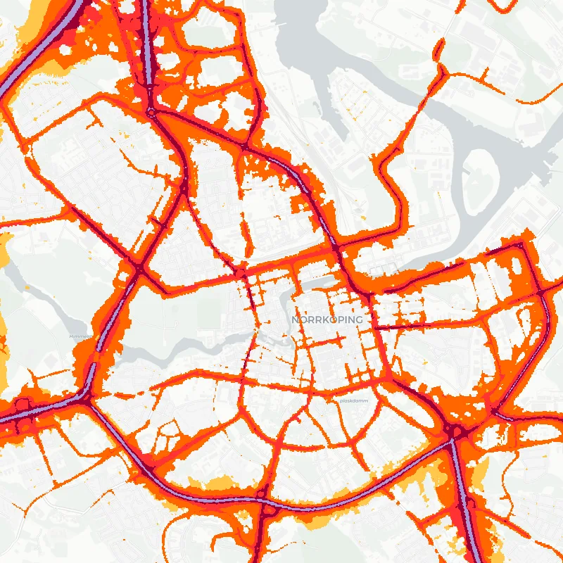 Noise map of Norrkoping, Sweden: road-traffic noise contours from the EU strategic noise maps, shaded yellow (≈55 dB Lden) through orange and red to dark purple (≈75 dB+), over the city's street network.