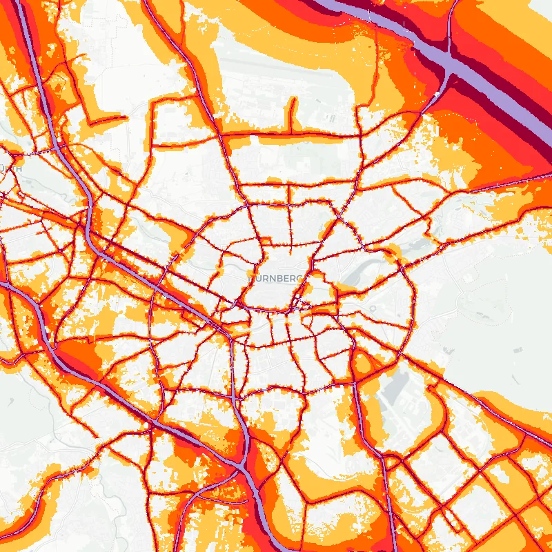 Noise map of Nuremberg, Germany: road-traffic noise contours from the EU strategic noise maps, shaded yellow (≈55 dB Lden) through orange and red to dark purple (≈75 dB+), over the city's street network.