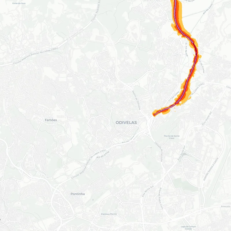 Noise map of Odivelas, Portugal: road-traffic noise contours from the EU strategic noise maps, shaded yellow (≈55 dB Lden) through orange and red to dark purple (≈75 dB+), over the city's street network.