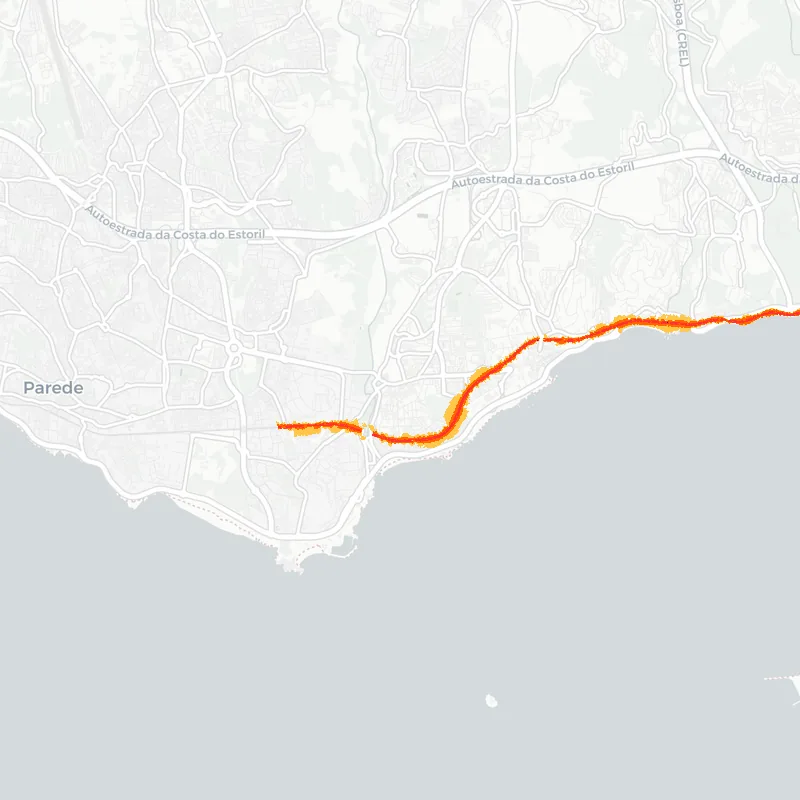 Noise map of Oeiras, Portugal: railway noise contours from the EU strategic noise maps, shaded yellow (≈55 dB Lden) through orange and red to dark purple (≈75 dB+), over the city's street network.