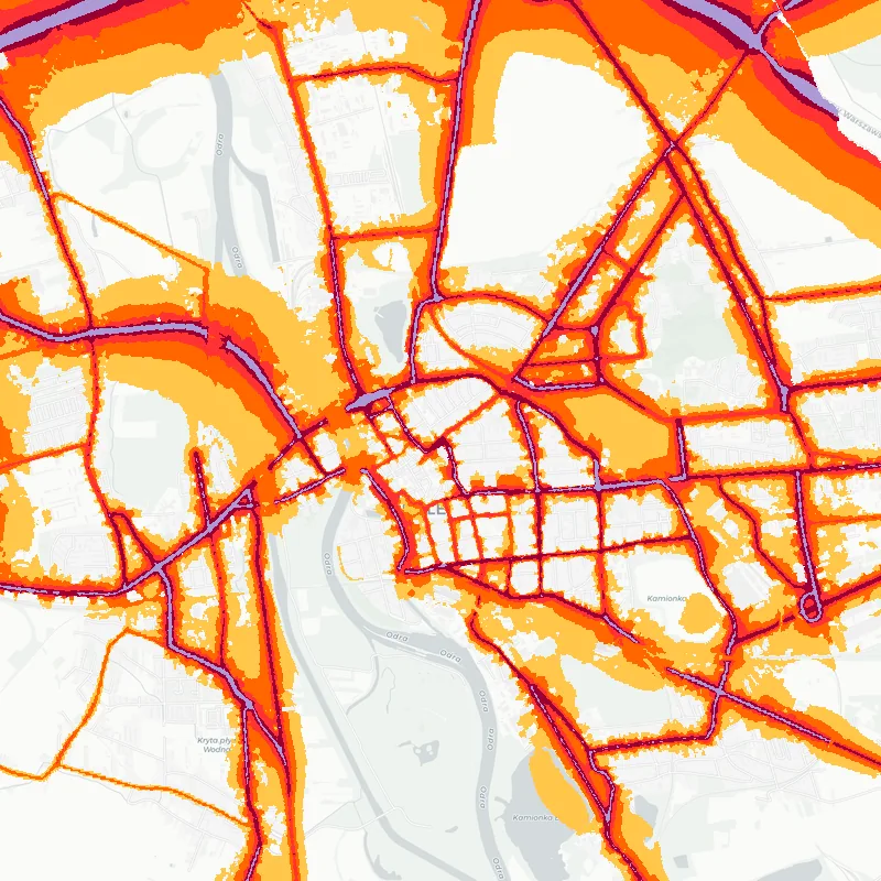 Noise map of Opole, Poland: road-traffic noise contours from the EU strategic noise maps, shaded yellow (≈55 dB Lden) through orange and red to dark purple (≈75 dB+), over the city's street network.