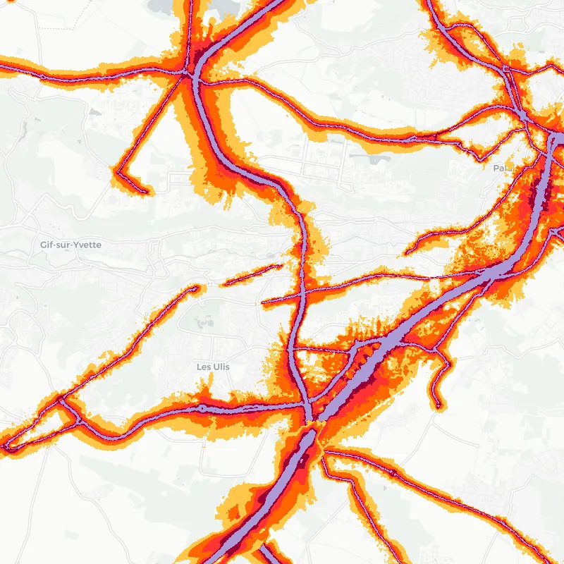 Noise map of Orsay, France: road-traffic noise contours from the EU strategic noise maps, shaded yellow (≈55 dB Lden) through orange and red to dark purple (≈75 dB+), over the city's street network.