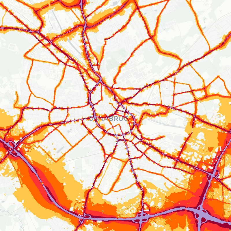 Noise map of Osnabrueck, Germany: road-traffic noise contours from the EU strategic noise maps, shaded yellow (≈55 dB Lden) through orange and red to dark purple (≈75 dB+), over the city's street network.