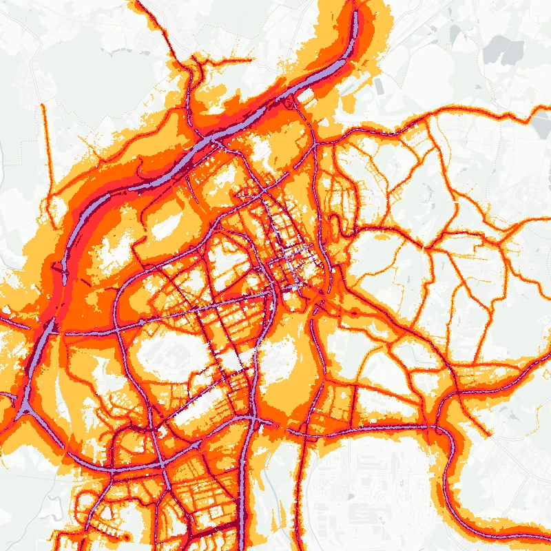 Noise map of Ostrava, Czech Republic: road-traffic noise contours from the EU strategic noise maps, shaded yellow (≈55 dB Lden) through orange and red to dark purple (≈75 dB+), over the city's street network.