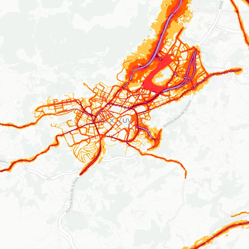 Noise map of Oviedo, Spain: road-traffic noise contours from the EU strategic noise maps, shaded yellow (≈55 dB Lden) through orange and red to dark purple (≈75 dB+), over the city's street network.