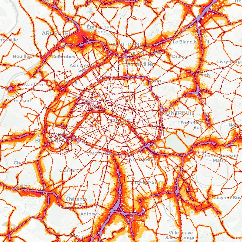 Noise map of Paris, France — road traffic contours from the EU strategic noise maps over the street network.