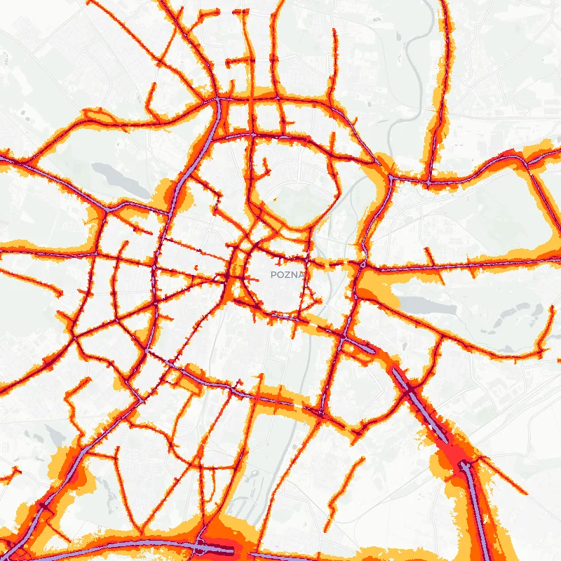 Noise map of Poznan, Poland: road-traffic noise contours from the EU strategic noise maps, shaded yellow (≈55 dB Lden) through orange and red to dark purple (≈75 dB+), over the city's street network.