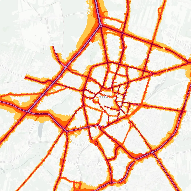 Noise map of Radom, Poland: road-traffic noise contours from the EU strategic noise maps, shaded yellow (≈55 dB Lden) through orange and red to dark purple (≈75 dB+), over the city's street network.
