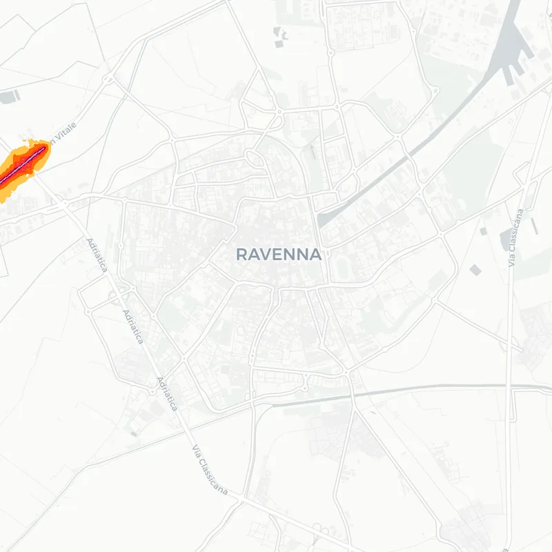 Noise map of Ravenna, Italy: road-traffic noise contours from the EU strategic noise maps, shaded yellow (≈55 dB Lden) through orange and red to dark purple (≈75 dB+), over the city's street network.