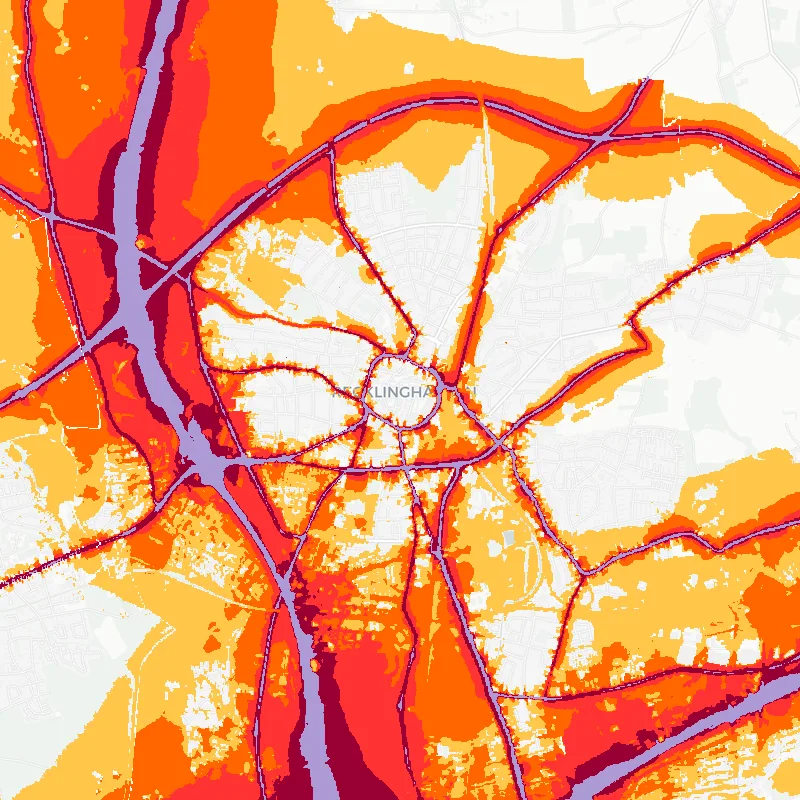 Noise map of Recklinghausen, Germany: road-traffic noise contours from the EU strategic noise maps, shaded yellow (≈55 dB Lden) through orange and red to dark purple (≈75 dB+), over the city's street network.