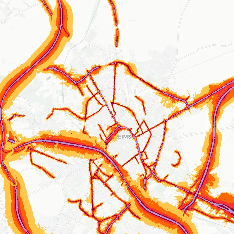 Noise map of Reims, France: road-traffic noise contours from the EU strategic noise maps, shaded yellow (≈55 dB Lden) through orange and red to dark purple (≈75 dB+), over the city's street network.