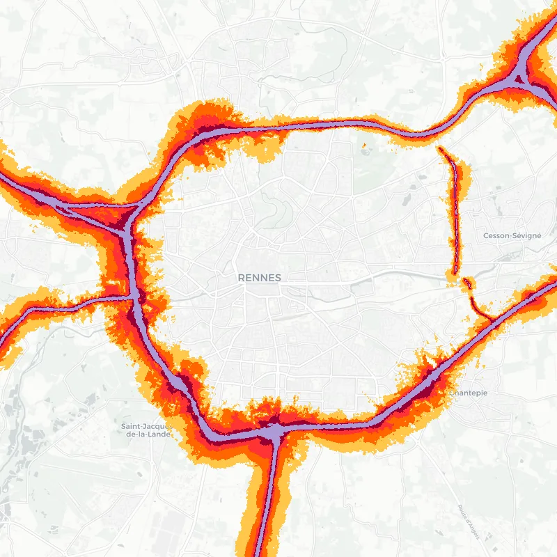 Noise map of Rennes, France: road-traffic noise contours from the EU strategic noise maps, shaded yellow (≈55 dB Lden) through orange and red to dark purple (≈75 dB+), over the city's street network.
