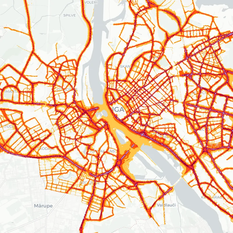 Noise map of Riga, Latvia: road-traffic noise contours from the EU strategic noise maps, shaded yellow (≈55 dB Lden) through orange and red to dark purple (≈75 dB+), over the city's street network.